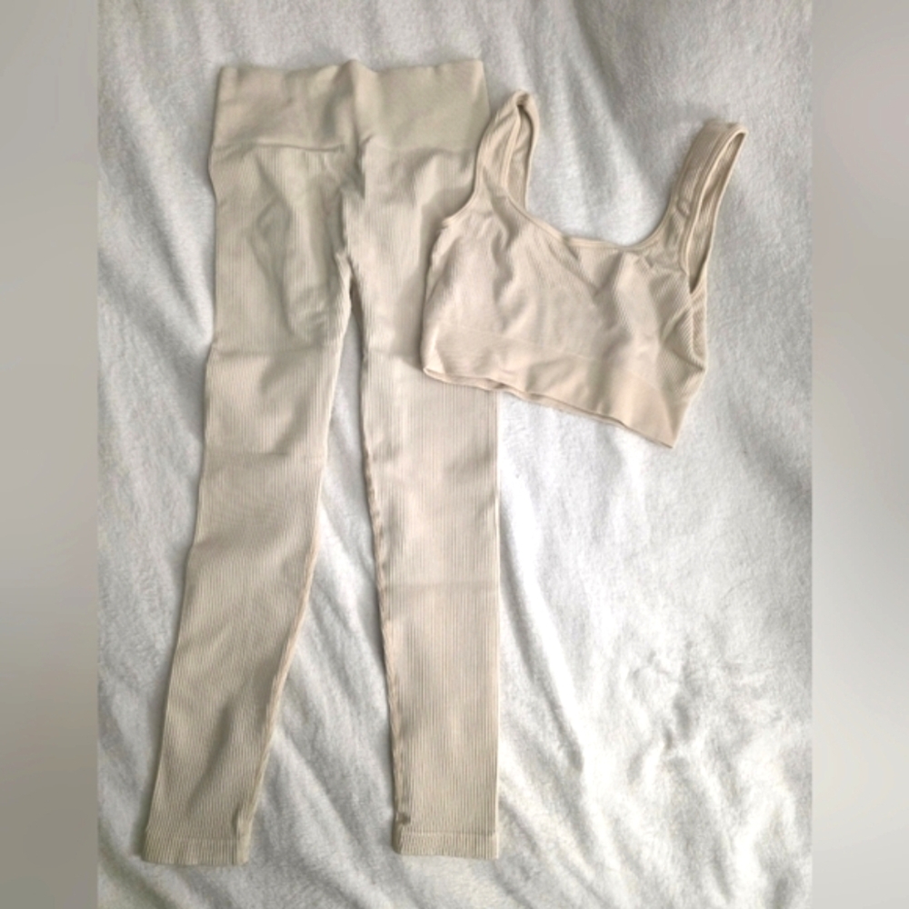 Shein Cream Oatmeal Colored Medium Yoga Set Petite Ribbed NWOT